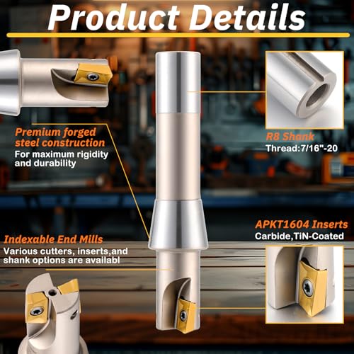 Image of Duraaamo R8 Shank Indexable End Mill 1'' Diameter by 5-27 /32'' Oal 90 Degree High Speed Milling Cutter with 2 Aptk1604 Carbide Inserts Industrial Tools
