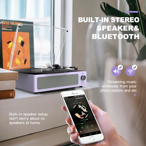 Image of Turntable Vinyl Record Players New Sleek Turn Tables with Speakers Belt-Driven All-in-one LP Phonograph 3-Speed Bluetooth Wireless Playback Headphone AUX RCA Auto Stop Pale Light Purple