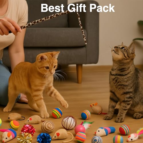 Image of 20 Pcs Cat Toy Set | Interactive Cat Teaser & Play Kit | Feather Wand, Plush Mice, Crinkle Balls, Tunnel & More | Indoor Toy for Kittens & Adult Cats