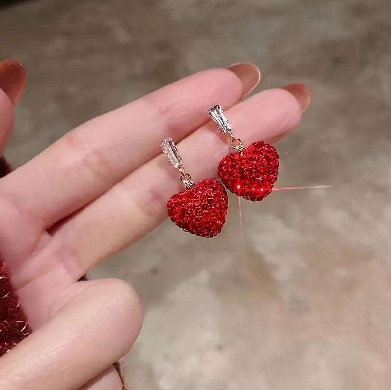Miniatura 9 de Pendientes de San Valentín para ella, aretes de cuentas de diamantes de imitación de corazón rojo, camisas de atuendo para mujer, accesorios de