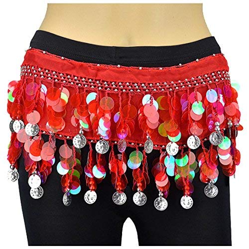 Image of VRITRAZ Women's Chiffon Belly Dance Hip Scarf Waistband Belt Skirt Mixed Colors Beads and Golded Coins 56 Black
