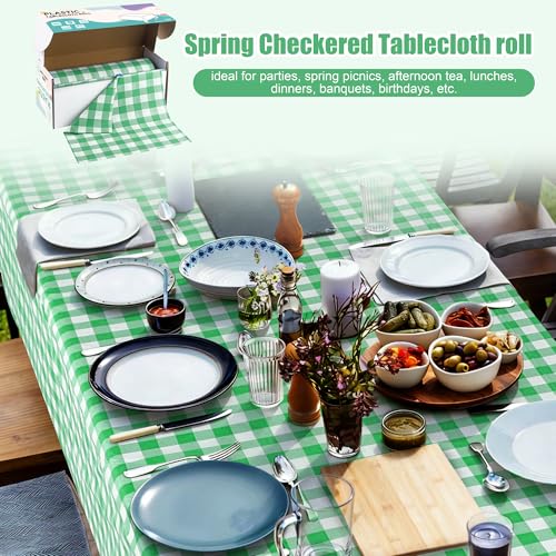 Image of Kochorie 54 Inch x 300 Ft Light Green Checkered Plastic Table Cloth Roll Disposable Waterproof Table Cover Plastic Table Cover Roll with Easy Slide Cutter for Outdoor Picnic /Home Dining /Spring Party