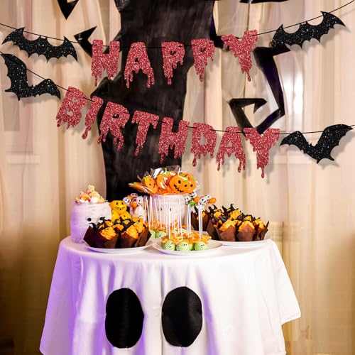 Image of Halloween Red Glitter Happy Birthday Banner Halloween Horror Zombie Birthday Banner Bloody Horror Movie Themed Birthday Photo Backdrop for Wall Home Mantle Office Wall Scary Party Supplies