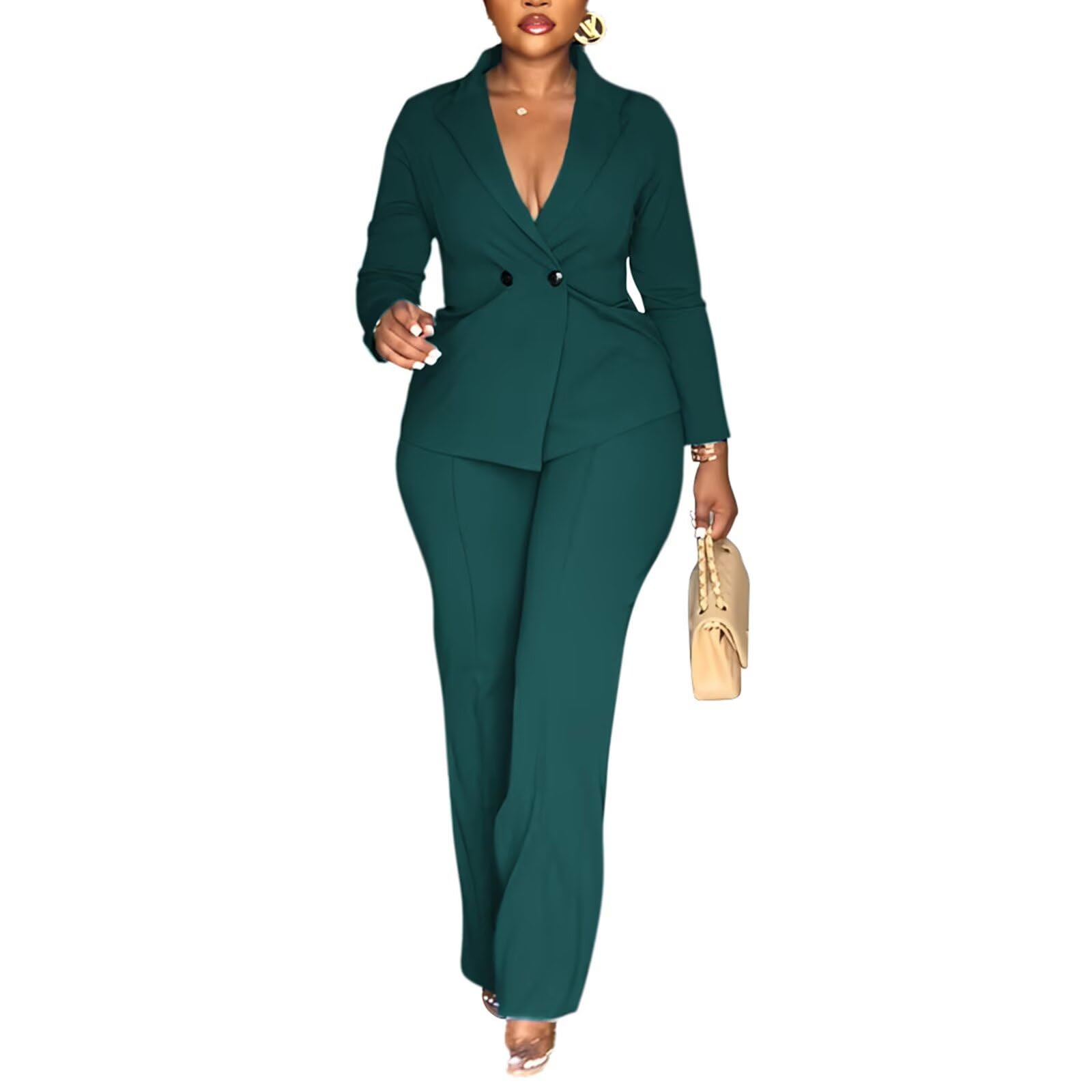 Women Double Breasted Blazer Pants Suit 2 Piece Outfits Casual Long Sleeve Blazer Set for Work Business-image-35