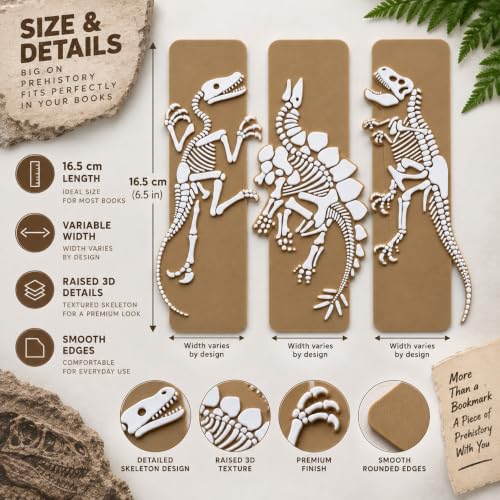 Image of 3 Pack Sanchi Homes Dinosaur Fossil Bookmarks Set, Skeleton Designs | Durable Bioplastic