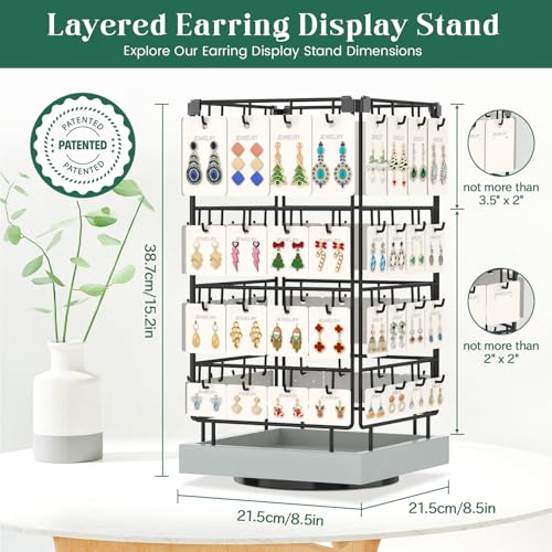 Image of EsLuker.ly Rotating Earring Display Holder Stand for Vendors Events Selling, Large Capacity 64 Hooks Jewelry Rack with Wooden Base for Earring Card Sales, Enhances Retail Visibility (Light Grey)