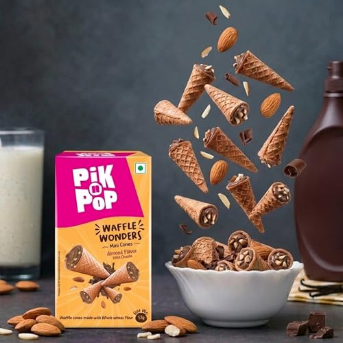Image of Pik n Pop Almond Mini Waffle Cones 57g, Crispy Cones with Creamy Almond Filling & Chunks, Whole Wheat, Non-Meltable Ready-to-Eat Snack, 100% Eggless