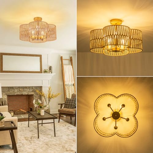 5-Light Rattan Light Fixture, 20" Boho Flush Mount Ceiling Light, Rattan Semi Flush Mount Light Fixture with Hand-Woven Quatrefoil Shade, Wicker Light Fixtures for Kitchen Nursery Living Room Bedroom - Image 2