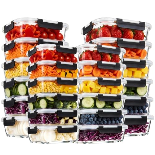 Image of Konokyo Rectangular Glass Food Storage Containers with Lids, 24 Pack Airtight Leakproof Meal Prep Containers, BPA-Free, Microwave Oven Freezer & Dishwasher Safe, Assorted Sizes