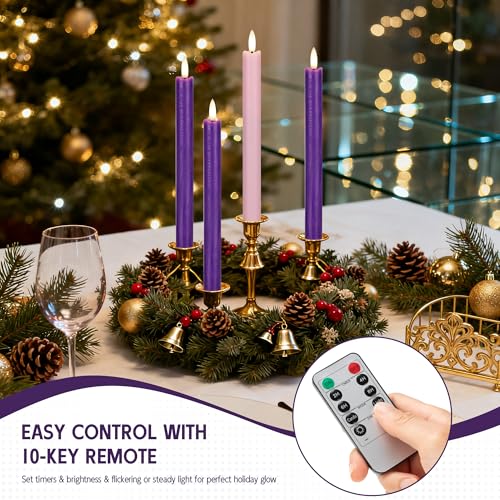 Image of Flameless Taper Candles with Rmote, 9.6 inch Real Wax Flameless Advent Candles, Battery Operated Purple and Pink Christmas Candlesticks for Wreath, Christ, Home, Church, Catholic Decoration
