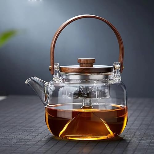 クルミ ガラスの急須 お茶の煮付け 急須 ハンドルポット 高ホウ素シリコン 耐熱ガラスティーポット おしゃれ ガラス 茶器 大容量 木製持ち手 茶こし付き 紅茶ポット 直火可 ih対応 割れにくい 食洗機対応 和風 分茶器 ホーム 業務用 飲食店 お店用