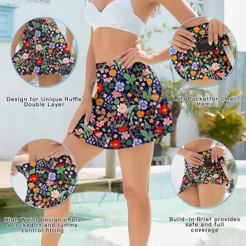 WOWENY Swim Skirt for Women 2 Layered Ruffled Flowy Floral High Waisted Swimsuit Built-in Swim Bikini Bottoms3