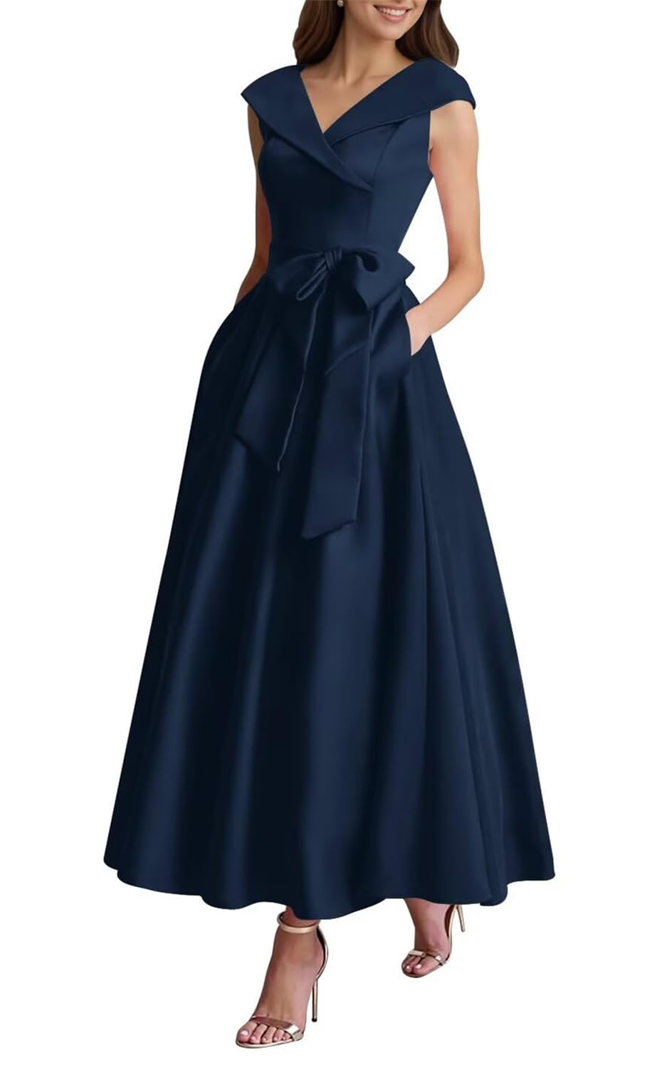 Kiyne Women's Navy Blue Ankle Length Mother Of The Bride Dresses For With Pockets V Neck Satin Wedding Guest Dress Uk22
