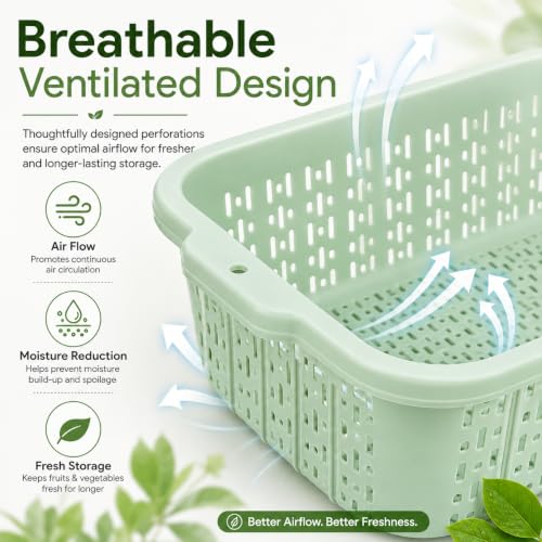 Image of ARICO Plastic Storage Basket with Handles | Multipurpose Ventilated Organizer Bin for Kitchen, Pantry, Refrigerator, Fruits, Vegetables, Bathroom, Wardrobe & Cabinet Storage | Mint Green