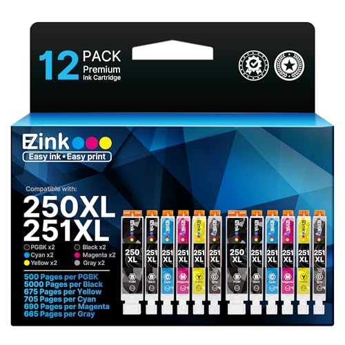 E-Z Ink Compatible Ink Cartridges Replacement for Canon 250 251 PGI-250XL CLI-251XL to use with Pixma MG6320 MG7120 MG7520 IP8720 (12 Pack, 2 PGBK, 2 Cyan, 2 Magenta, 2 Yellow, 2 Black, 2 Gr