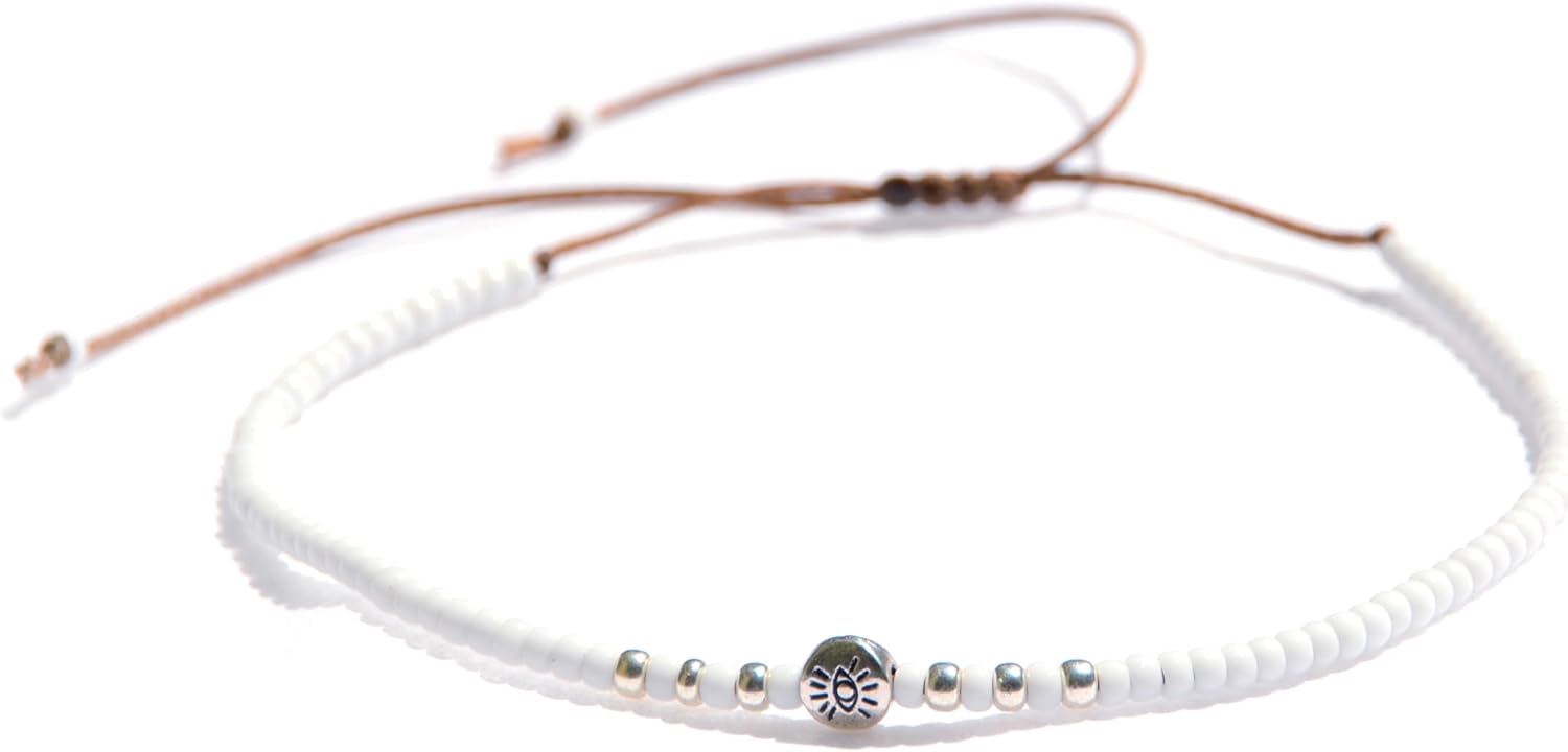 Beaded Anklet for Women, Boho Native American Style, Unique White & Silver Hippie Beach Waterproof Anklet, Handmade by Tribes
