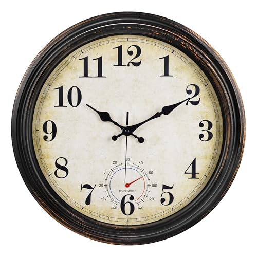 Horizent Large Outdoor Clocks Waterproof with Thermometer Combo Vintage Wall Clock Decor for Bathroom Patio Pool Garden(16 Inch)