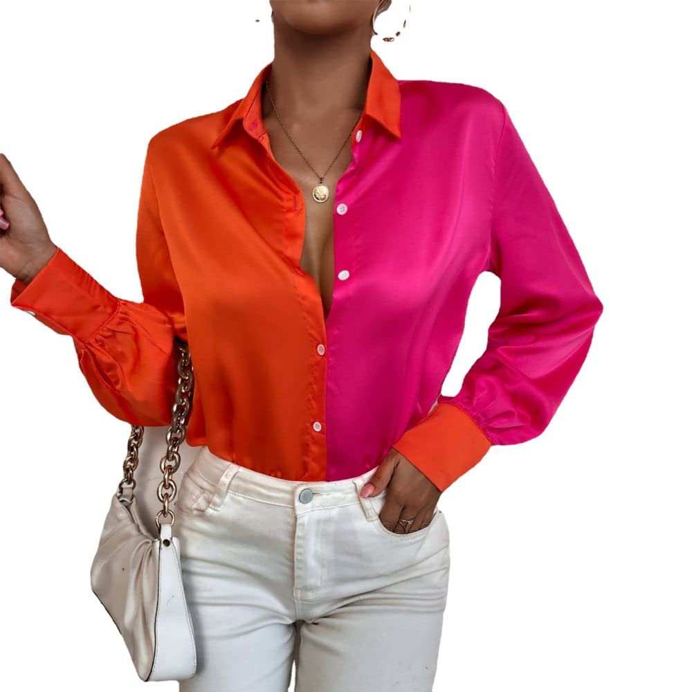 Damen-Hemd Mit Knopfleiste,Damen Satin Bluse Shirt Rosa Langarm Vintage Mode Seidenhemden Business Hemd Mit Knopf Sexy Party Tops Casual Arbeit Büro Bluse Für Mädchen Damen