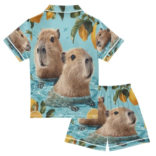 Satin Pajama Sets Short Sleeve Capybaras Swimming Lemon Button Down Silky Nightwear 2 Piece PJS 5-14Y2