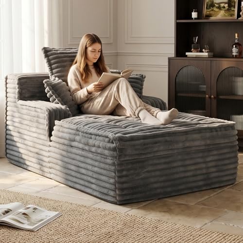feliz home Boneless Chaise Lounge Couch Indoor Small Corduroy Upholstered Sleeper Sofa Bed Reading Chairs with 3 Pillows Fluffy Comfy Cloud Sofas Couches Compression Boneless Sofa for Small Corner