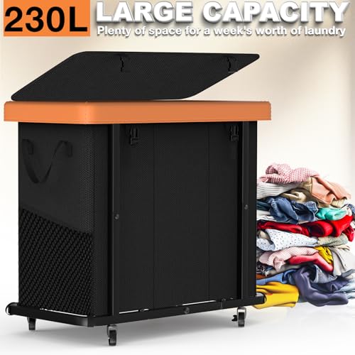 Image of 230L (60 Gal) Large Fashion Laundry Basket with Wheels, Leather Patchwork Laundry Sorter 3 Section, Sturdy Metal Frame, Removable Washable Bag, Tall Clothes Sorter for Bedroom - Black