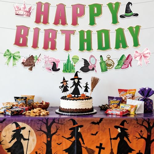 Image of 3pcs Pre-Strung Wicked Happy Birthday Banner Pink and Green Paper Garland for Witch Theme Party Decorations