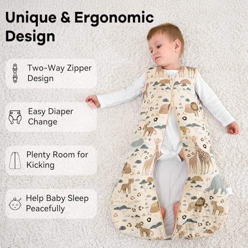 Image of Baby Sleep Sack 6-12 Months 1.5 Tog Baby Wearable Blanket 100% Cotton Fabric Warm Sleeping sack with 2-Way Zipper Quilted for Infant Newborn Tog Apricot Elephant