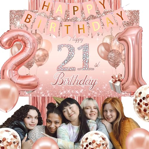 Image of 21st Birthday Decorations for her,Banner,Backdrop, it's my 21st Birthday Sash, Sweet Rhinestone Tiara Crown,Balloons