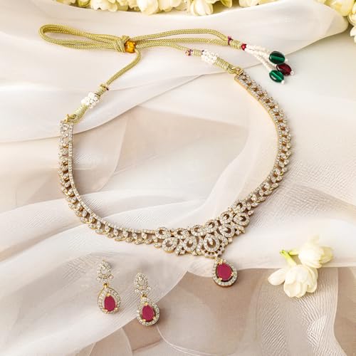 Image of Rubans American Diamond Zirconia Necklace Set Traditional Stylish Jewellery Gift for Women & Girls