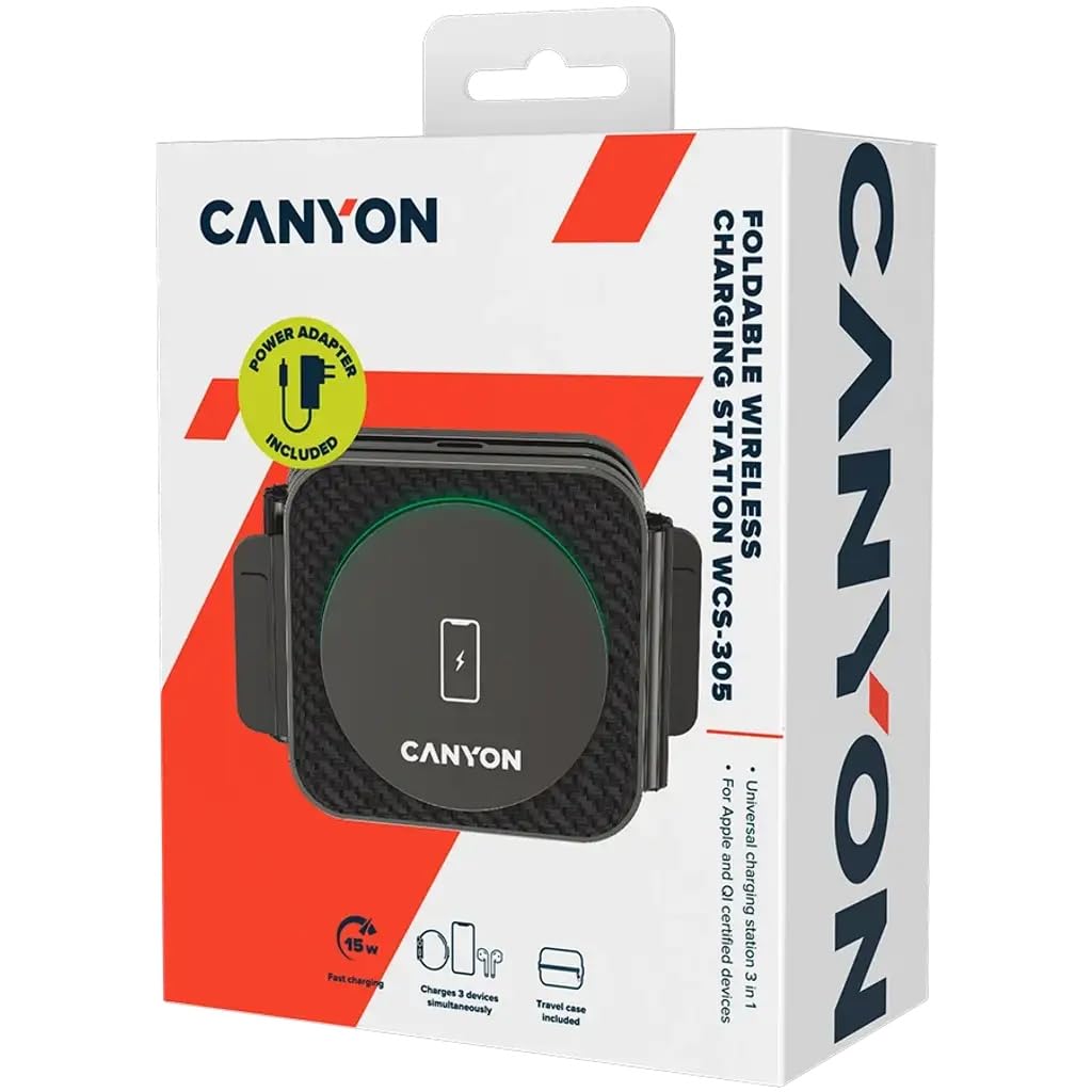 CANYON Apple 3 w 1 składana bezprzewodowa ładowarka 3 w 1 Apple szybka kompatybilna z iPhone 14/13/12/11/X/8 Airpods 2/3/Pro Apple Watch 8/7/SE/6/5/4/3/2 18 W Adapter podróżny Czarny