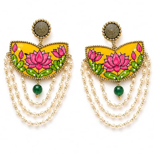 Image of KHOJ.CITY Ethnic Earrings for Women | Lightweight, Hand-Painted Chandbali with Pearl Chain | Handmade Jewellery for Women | Boho Earrings For Girls