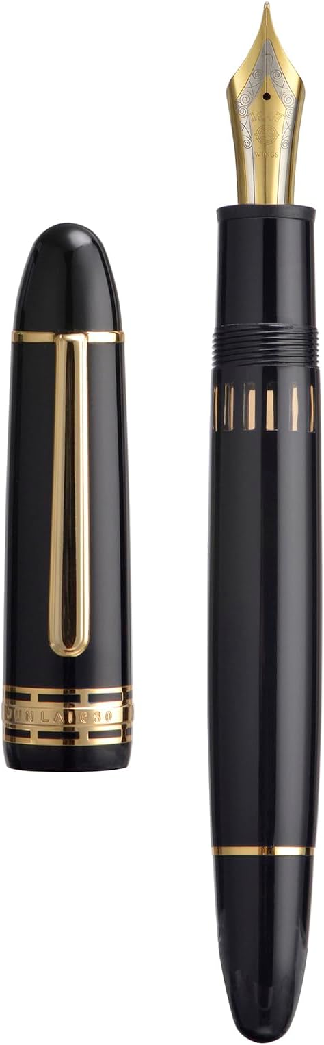Yongsheng Junlai 630 Acrylic Fountain Pen, Size 8 Medium Nib with Piston Filling System, Piano Black Transparent Fence Ink Tank with Torpedo Shape Design Smooth Writing Pen (Gold Trim)