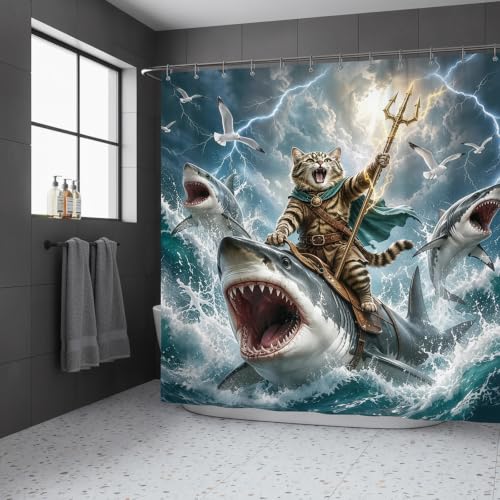 Image of Funny Cat Riding Shark Shower Curtain, Fun Ocean Waves Bath Curtain