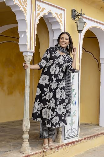 Image of NIVANA Floral Printed Kurta with Pant & Stripe Printed Dupatta | 3 /4 Sleeves | Round Notch Neck Button Detail