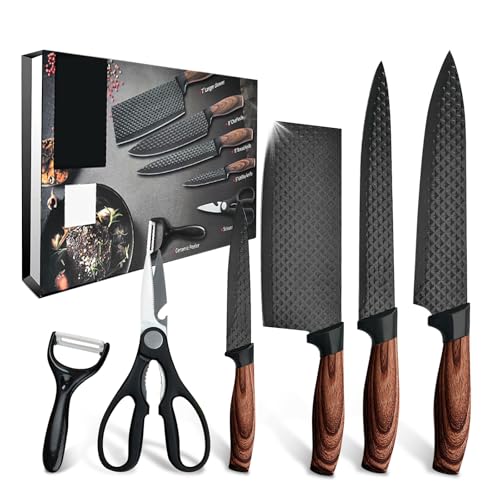 Juego de Cuchillos de Cocina 6 Piezas – Cuchillo Chef 8', Cuchillo Carne, Cuchillo Verduras, Pelador, Tijeras – Revestimiento Diamante Antiadherente – Mano Madera – Regalo Mudanza
