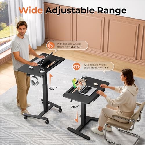 Image of Mobile Standing Desk with Drawer, 32 inch Rolling Desk with Cup Holder and Hooks, Portable Laptop Cart on Wheels, Height Adjustable Workstation with Storage for Home Office, Black