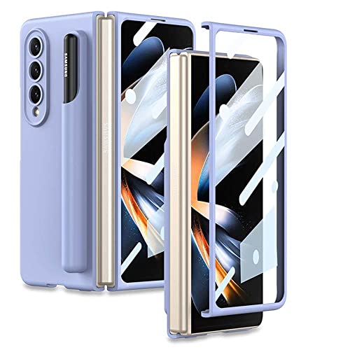 Coque Samsung Z Fold 4 en silicone liquide violet avec porte-stylo et film miroir