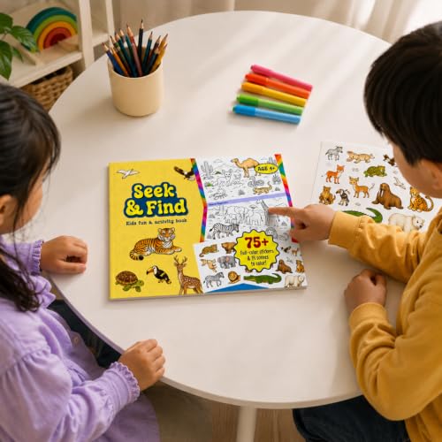 Image of Seek & Find Sticker Activity Book for Kids 4+ | 300+ Animal Stickers, 14 Scenes to Color | Search, Match, Stick & Coloring Activity Pad | A4 Size Creative Learning Book