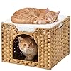 Cat Beds Indoor Kitten House, Handwoven Rattan Cat Cave Pet Cube, Large Cat Houses, One Bed Mat, Foldable, Hideaway, 16.5×16.5×13.2 Inches, 2 S-Shaped Hooks in Living Room Bedroom Natural