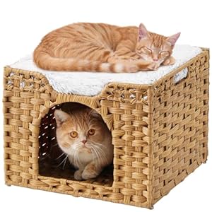 Cat Beds Indoor Kitten House, Handwoven Rattan Cat Cave Pet Cube, Large Cat Houses, One Bed Mat, Foldable, Hideaway, 16.5×16.5×13.2 Inches, 2 S-Shaped Hooks in Living Room Bedroom Natural