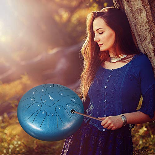 Steel Tongue Drum, 13 Notes 12 inches Hand Tongue Drum Percussion Instrument Lotus Pan Drum with Drum Mallets Carry Bag (Blue) - Thumbnail 5