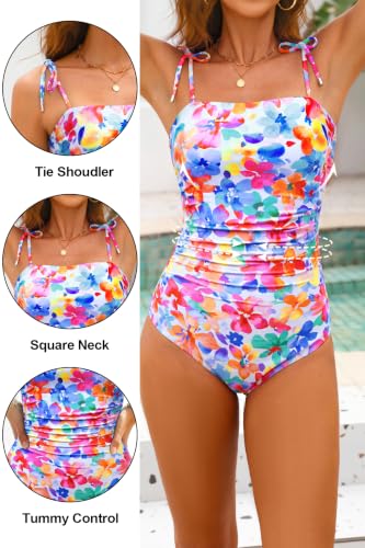 Image of Daci Women One Piece Tummy Control Swimsuits Tie Shoulder Bathing Suits
