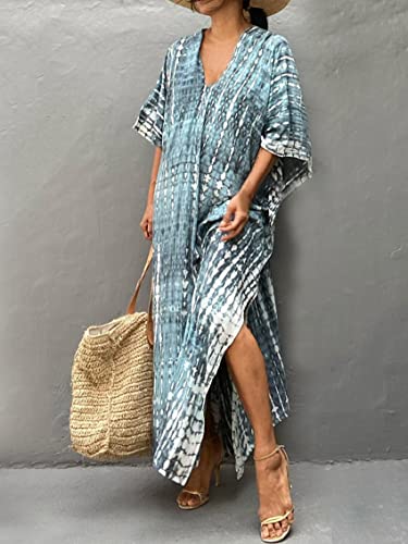 Image of Kaftan Dresses for Women Plus Size Summer Beach Dress with Print and Swim Cover Ups Blue Grey