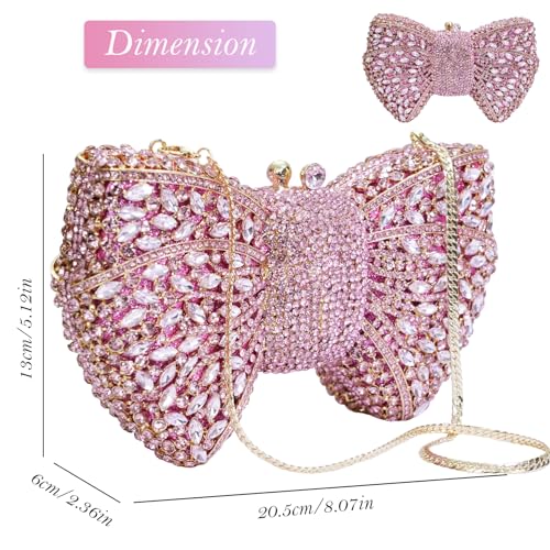Image of Handmade Inlay Rhinestone Bow Clutch Bag for Women, Sparkling Evening Party Wedding Purse with Detachable Pearl Chain