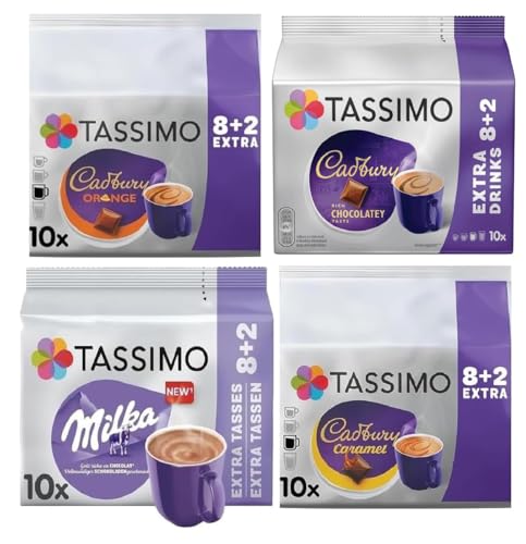 Tassimo Hot Chocolate lovers Variety Pack Capsules Cadbury Caramel Orange & Milka - 40 T-Discs (4 x 10 Pods)