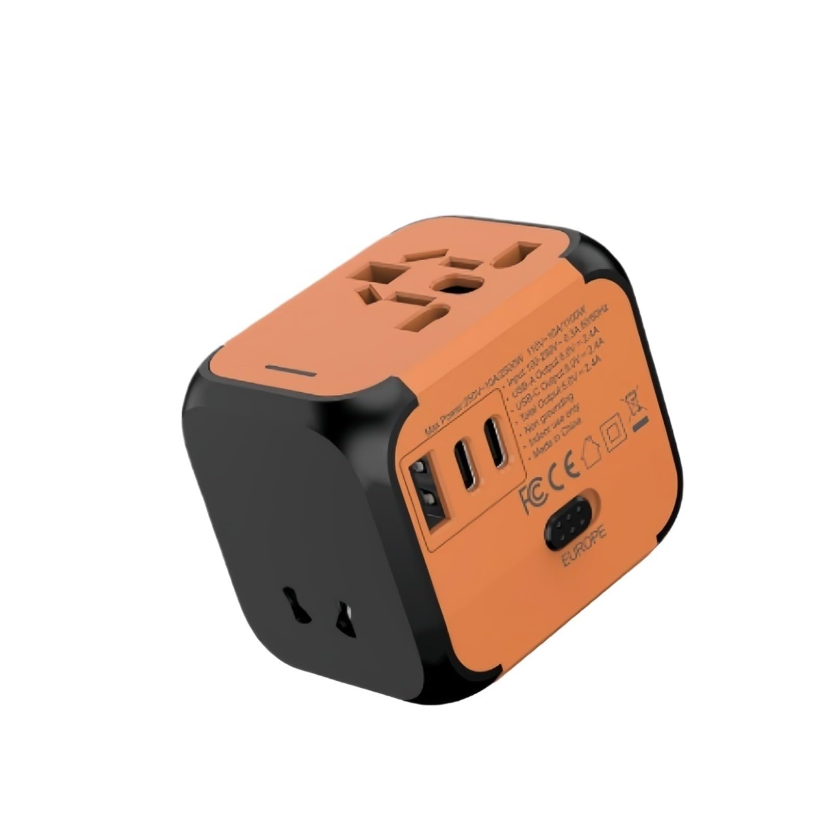 Adaptateur voyage universel orange avec multiprise et chargeur portable
