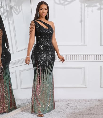 Image of Cololura Women Sequin Elegant Sexy One Shoulder Tassel Mermaid Bodycon Cocktail Evening Dress