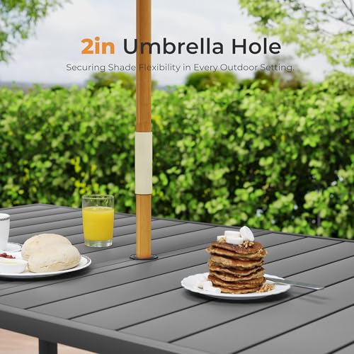 Image of HAPPATIO Outdoor Patio Dining Set, 8 Quick Dry Textilene Dining Chairs and Dining Table with Umbrella Hole, Stackable Textilene Chairs for Garden, Patio and Poolside Backyard, Blue