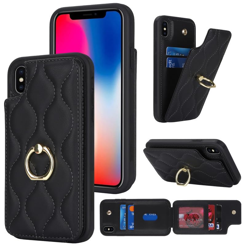 Image of iPhone X /XS Case with Card Holder, Kickstand and RFID Blocking, PU Leather Wallet Case for Women, Black