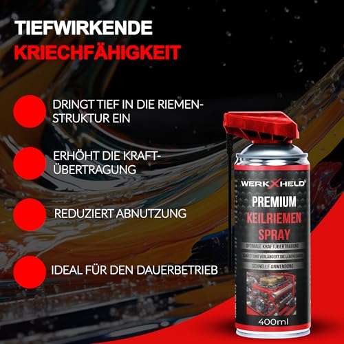 WerkXheld Keilriemenspray 400ml | Hochleistungs-Riemenspray für Auto, Industrie & mehr | Verlängert Lebensdauer von Keilriemen | Schnelle Wirkung & Geräuschreduzierung